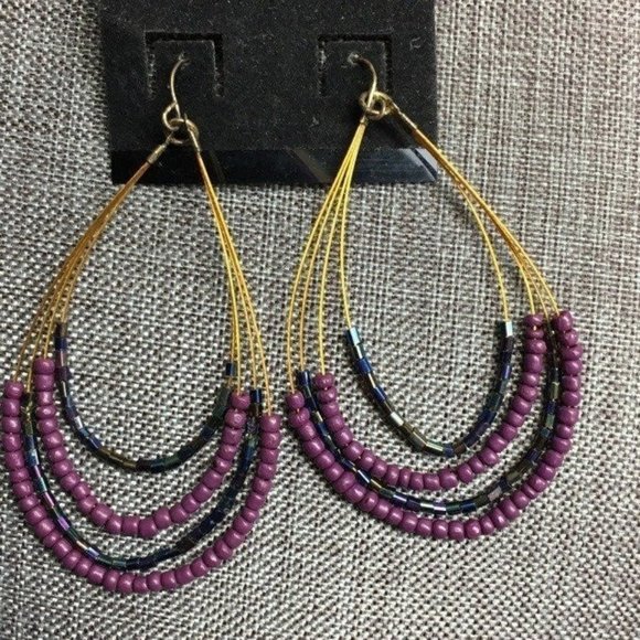 Teardrop Pierced Earrings Gold Purple Seed Bead Iridescent Exotic - Picture 1 of 2